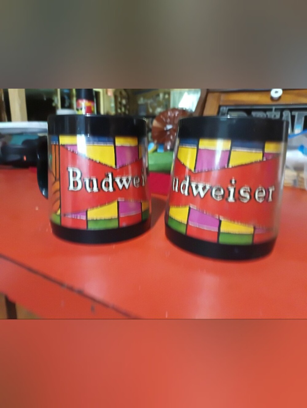 Budweiser Black Mug with Red, Yellow, Pink & Green Stained-Glass Panel